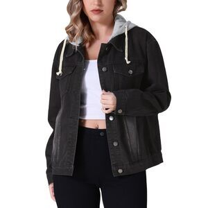 Distressed Long Sleeve Button Down Detachable Hoodie Jean Jacket Black